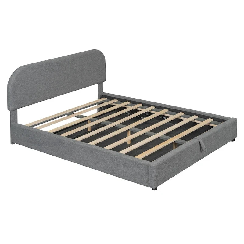 Lift Up Storage Platform Bed Frame, Teddy Fleece Low Profile Bed Hydraulic Storage System, Curved Headboard, Wood Panel Bed