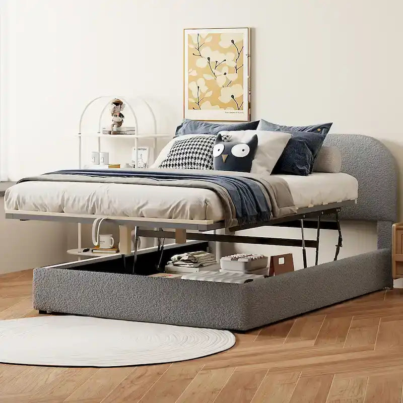Lift Up Storage Platform Bed Frame, Teddy Fleece Low Profile Bed Hydraulic Storage System, Curved Headboard, Wood Panel Bed