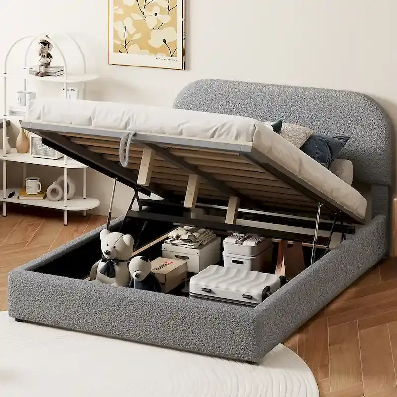 Lift Up Storage Platform Bed Frame, Teddy Fleece Low Profile Bed Hydraulic Storage System, Curved Headboard, Wood Panel Bed