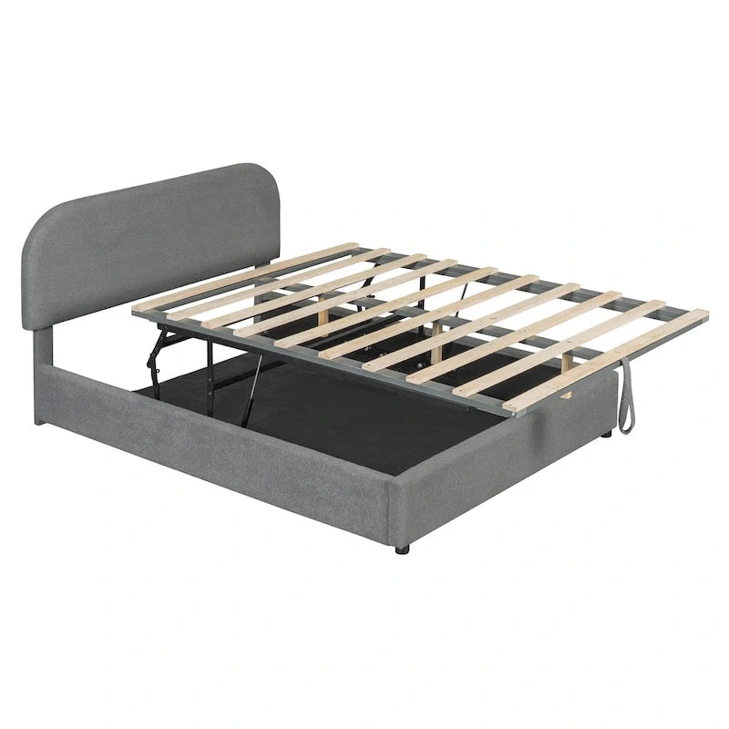 Lift Up Storage Platform Bed Frame, Teddy Fleece Low Profile Bed Hydraulic Storage System, Curved Headboard, Wood Panel Bed