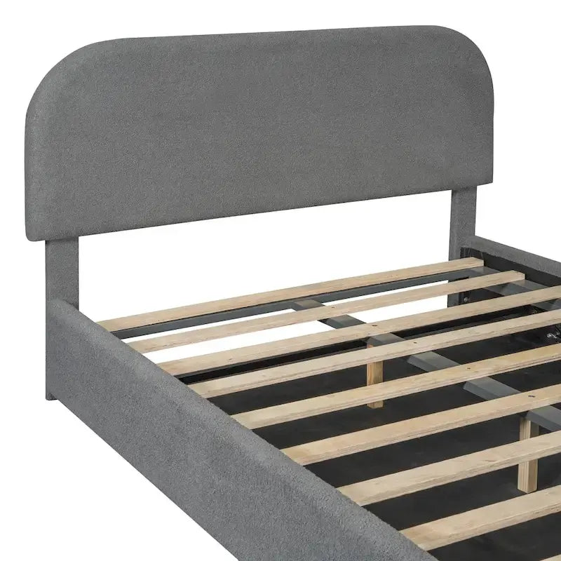 Lift Up Storage Platform Bed Frame, Teddy Fleece Low Profile Bed Hydraulic Storage System, Curved Headboard, Wood Panel Bed