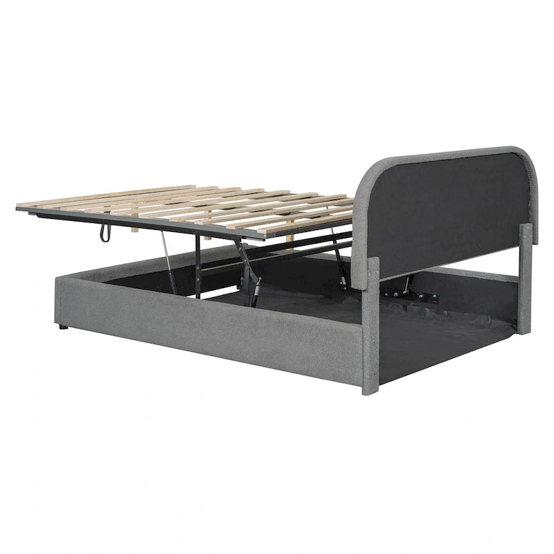 Lift Up Storage Platform Bed Frame, Teddy Fleece Low Profile Bed Hydraulic Storage System, Curved Headboard, Wood Panel Bed