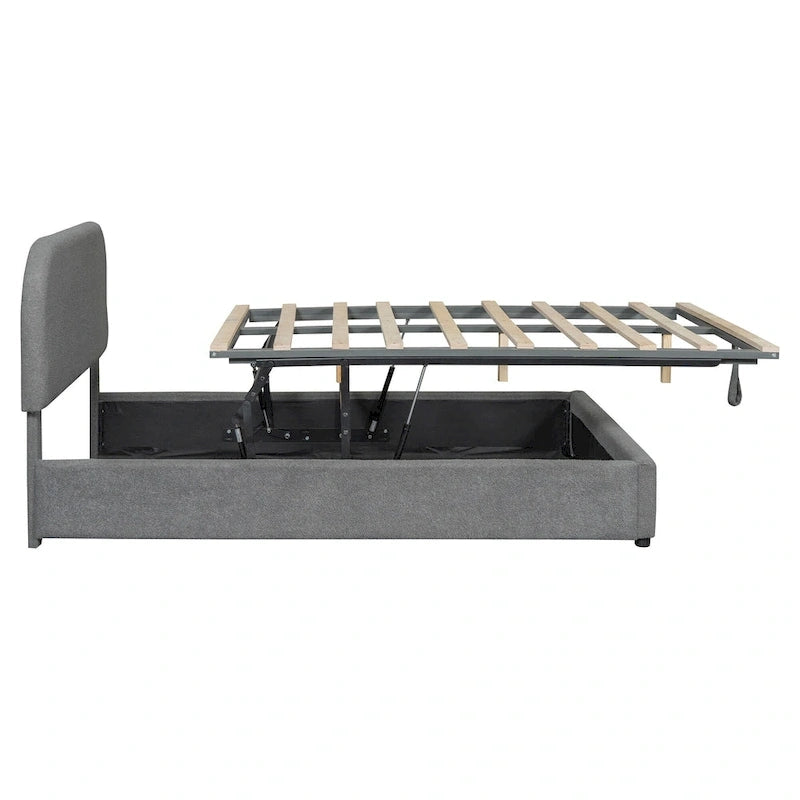 Lift Up Storage Platform Bed Frame, Teddy Fleece Low Profile Bed Hydraulic Storage System, Curved Headboard, Wood Panel Bed