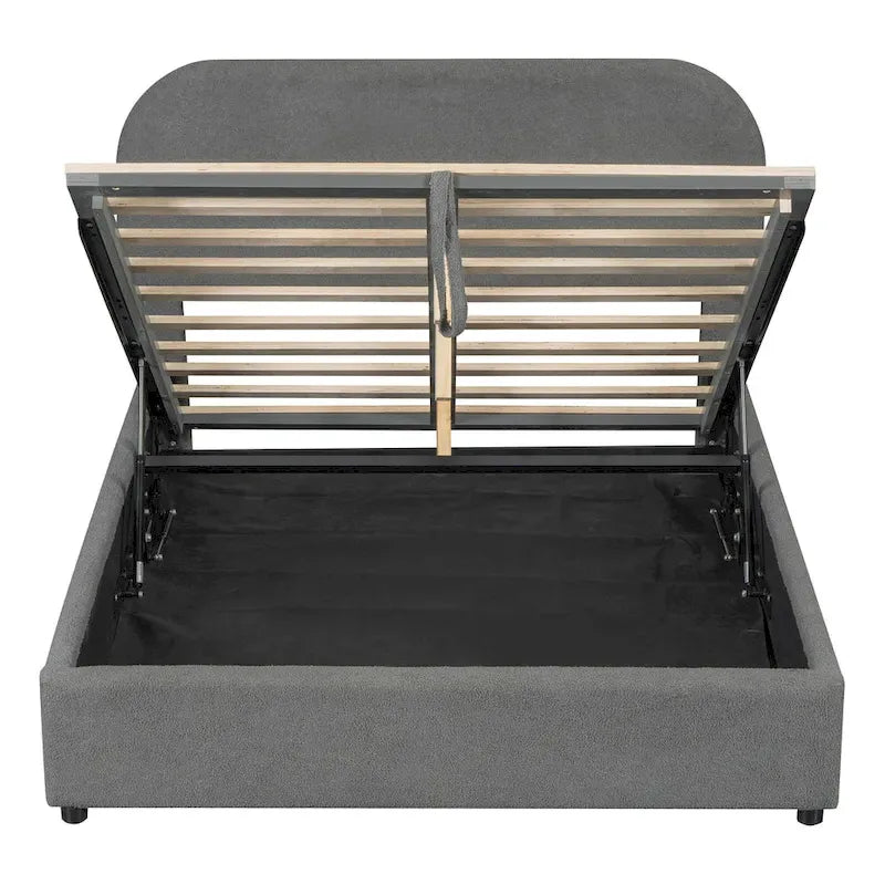 Lift Up Storage Platform Bed Frame, Teddy Fleece Low Profile Bed Hydraulic Storage System, Curved Headboard, Wood Panel Bed