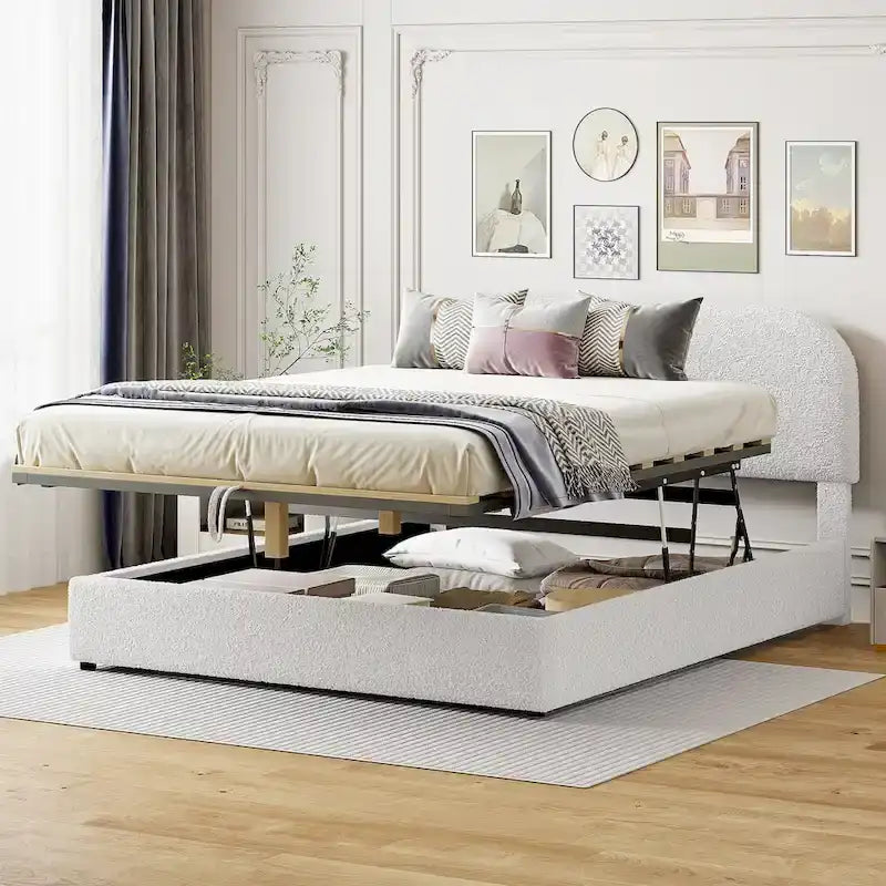 Lift Up Storage Platform Bed Frame, Teddy Fleece Low Profile Bed Hydraulic Storage System, Curved Headboard, Wood Panel Bed