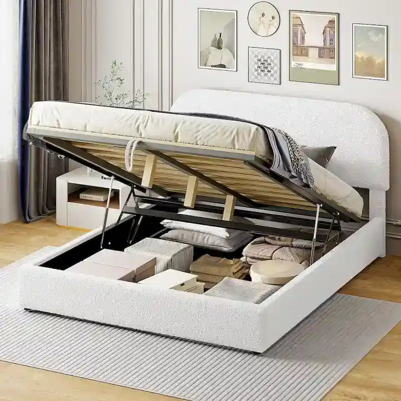 Lift Up Storage Platform Bed Frame, Teddy Fleece Low Profile Bed Hydraulic Storage System, Curved Headboard, Wood Panel Bed