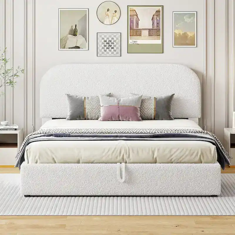 Lift Up Storage Platform Bed Frame, Teddy Fleece Low Profile Bed Hydraulic Storage System, Curved Headboard, Wood Panel Bed