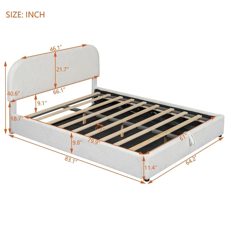 Lift Up Storage Platform Bed Frame, Teddy Fleece Low Profile Bed Hydraulic Storage System, Curved Headboard, Wood Panel Bed