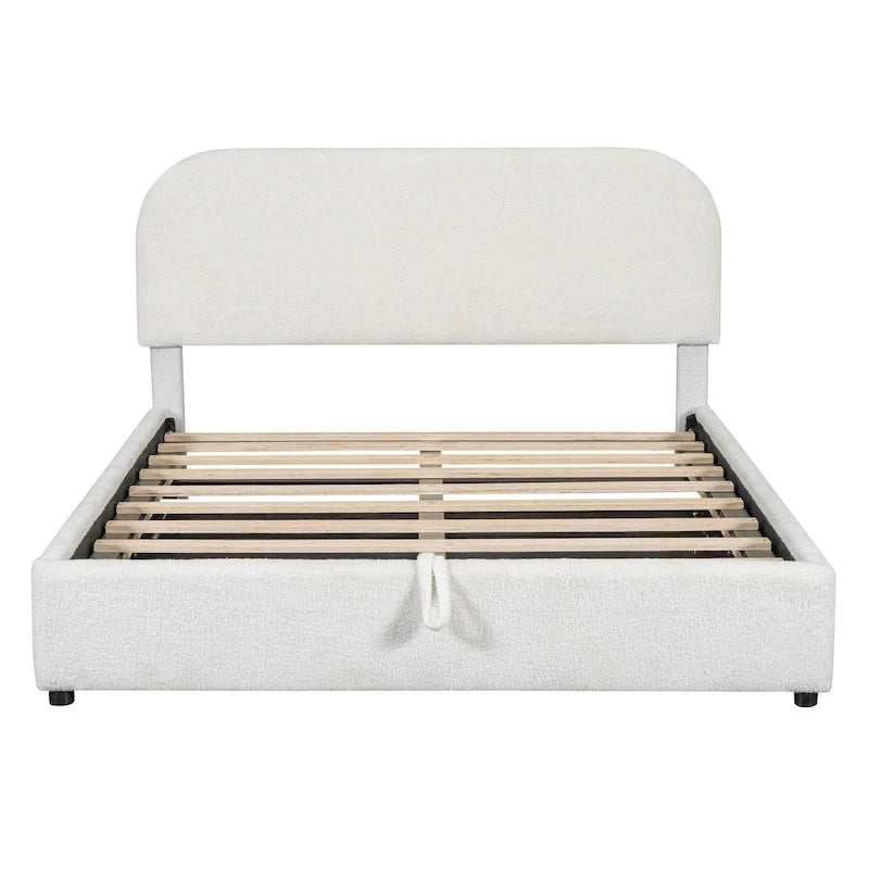 Lift Up Storage Platform Bed Frame, Teddy Fleece Low Profile Bed Hydraulic Storage System, Curved Headboard, Wood Panel Bed