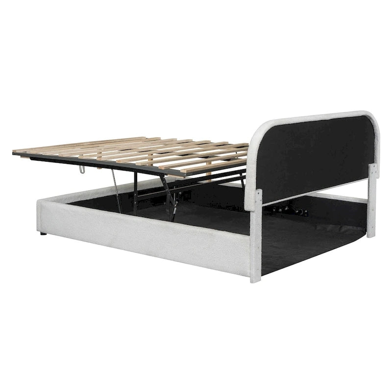 Lift Up Storage Platform Bed Frame, Teddy Fleece Low Profile Bed Hydraulic Storage System, Curved Headboard, Wood Panel Bed