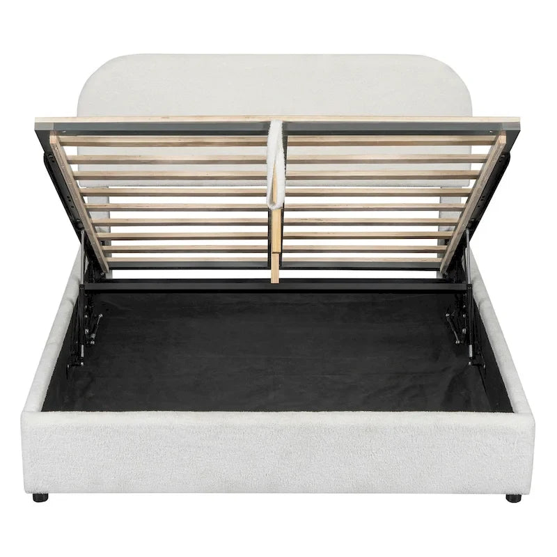 Lift Up Storage Platform Bed Frame, Teddy Fleece Low Profile Bed Hydraulic Storage System, Curved Headboard, Wood Panel Bed