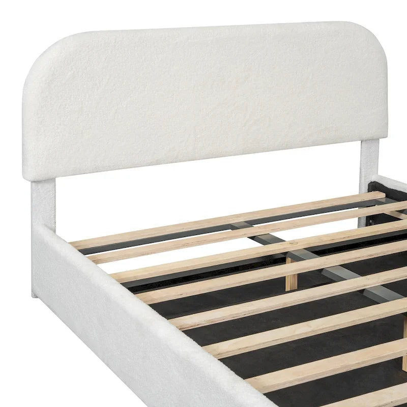 Lift Up Storage Platform Bed Frame, Teddy Fleece Low Profile Bed Hydraulic Storage System, Curved Headboard, Wood Panel Bed