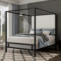 Letto a Baldacchino Moderno con Testiera Imbottita Wingback e Struttura in Metallo a 4 Montanti, Rete a doghe Necessaria Letto a Basso Profilo