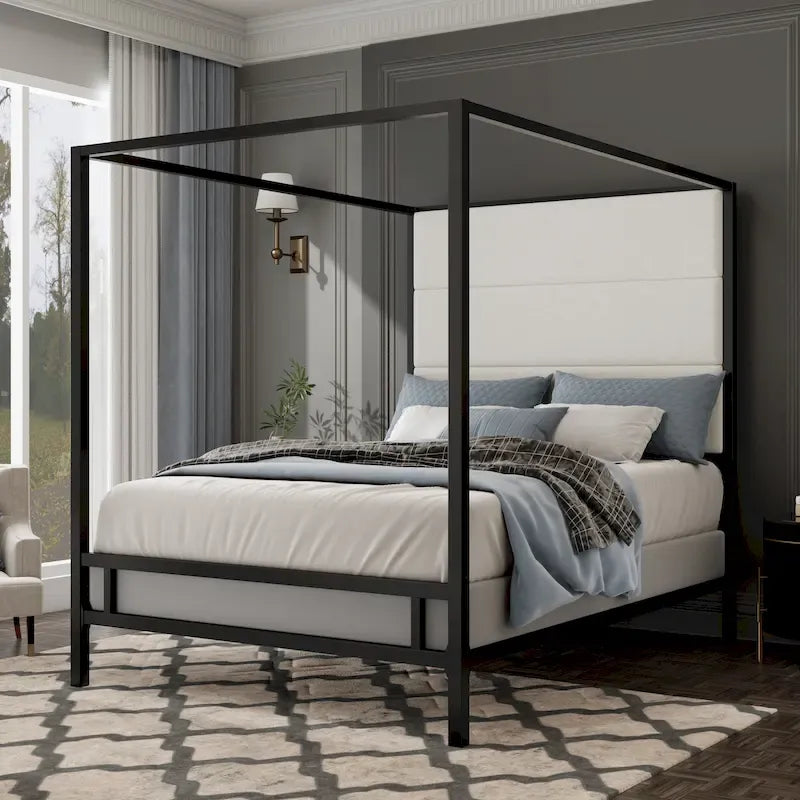 Letto a Baldacchino Moderno con Testiera Imbottita Wingback e Struttura in Metallo a 4 Montanti, Rete a doghe Necessaria Letto a Basso Profilo