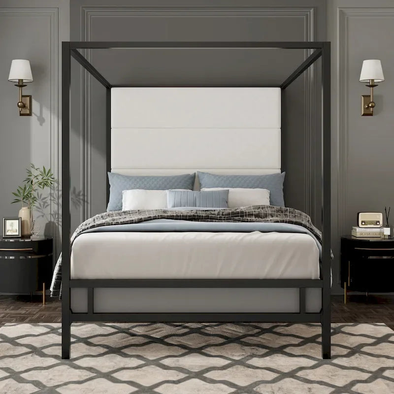 Letto a Baldacchino Moderno con Testiera Imbottita Wingback e Struttura in Metallo a 4 Montanti, Rete a doghe Necessaria Letto a Basso Profilo