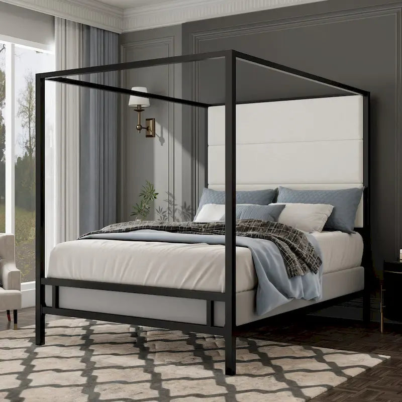 Letto a Baldacchino Moderno con Testiera Imbottita Wingback e Struttura in Metallo a 4 Montanti, Rete a doghe Necessaria Letto a Basso Profilo