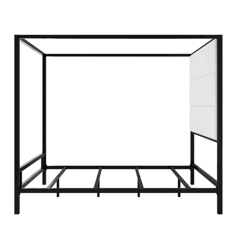 Letto a Baldacchino Moderno con Testiera Imbottita Wingback e Struttura in Metallo a 4 Montanti, Rete a doghe Necessaria Letto a Basso Profilo