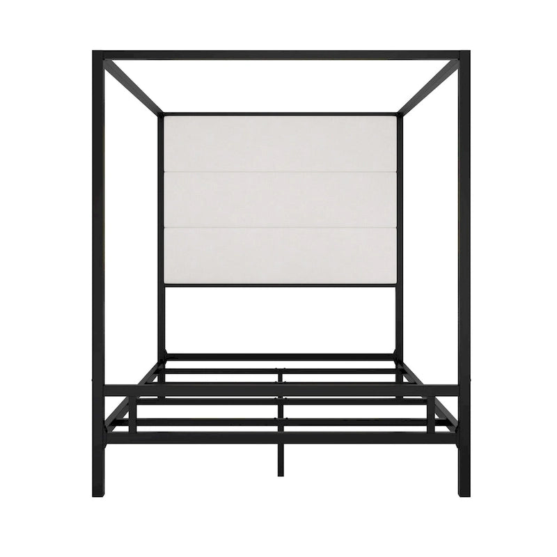 Letto a Baldacchino Moderno con Testiera Imbottita Wingback e Struttura in Metallo a 4 Montanti, Rete a doghe Necessaria Letto a Basso Profilo