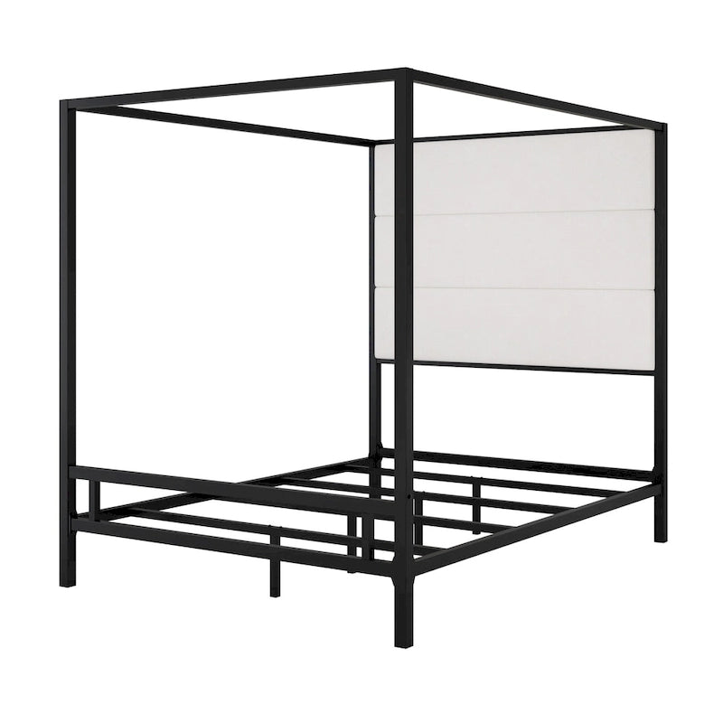 Letto a Baldacchino Moderno con Testiera Imbottita Wingback e Struttura in Metallo a 4 Montanti, Rete a doghe Necessaria Letto a Basso Profilo