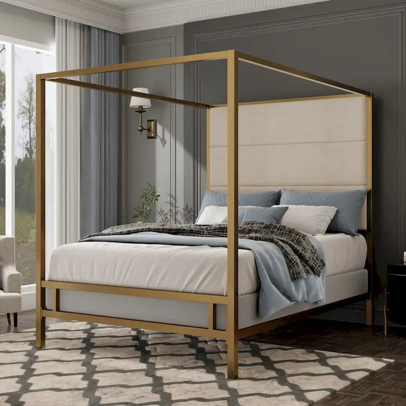 Letto a Baldacchino Moderno con Testiera Imbottita Wingback e Struttura in Metallo a 4 Montanti, Rete a doghe Necessaria Letto a Basso Profilo