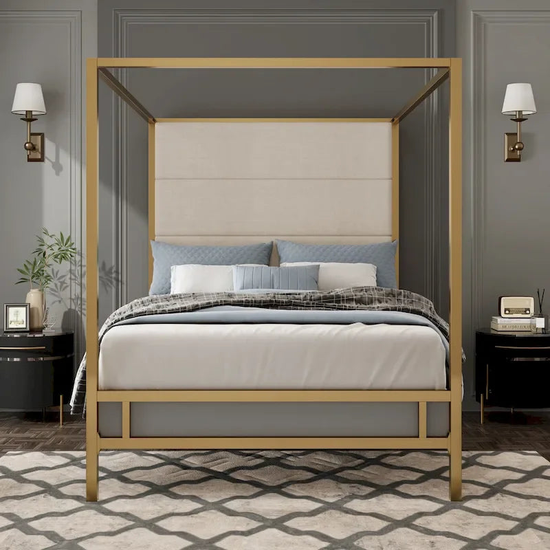 Letto a Baldacchino Moderno con Testiera Imbottita Wingback e Struttura in Metallo a 4 Montanti, Rete a doghe Necessaria Letto a Basso Profilo