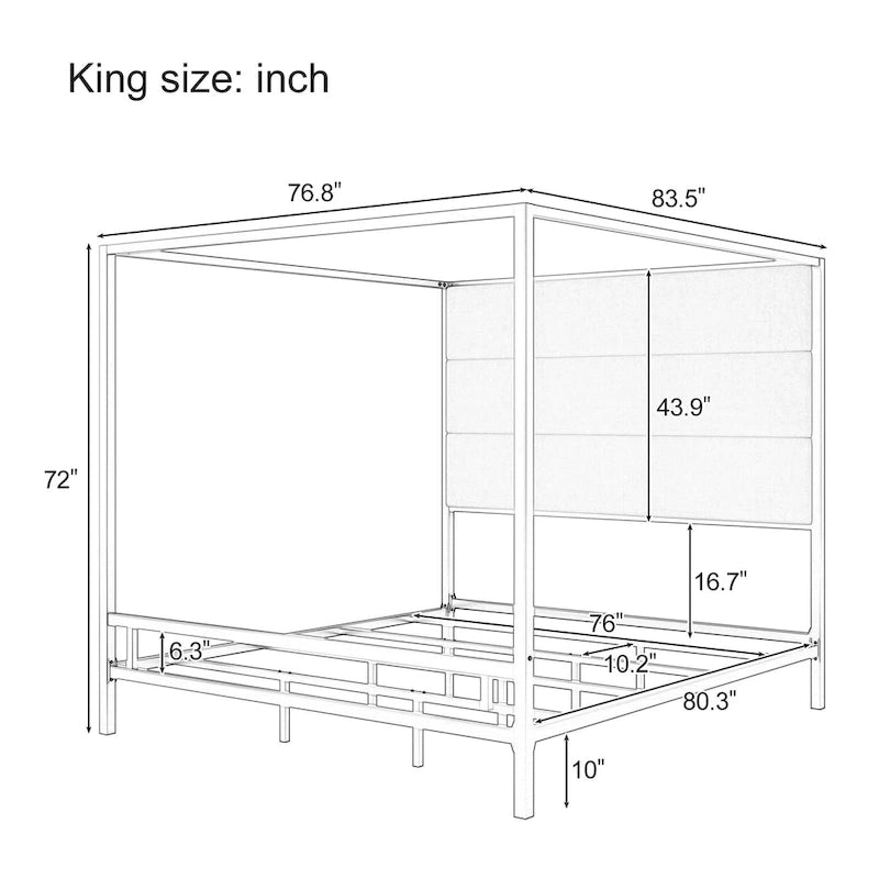Letto a Baldacchino Moderno con Testiera Imbottita Wingback e Struttura in Metallo a 4 Montanti, Rete a doghe Necessaria Letto a Basso Profilo