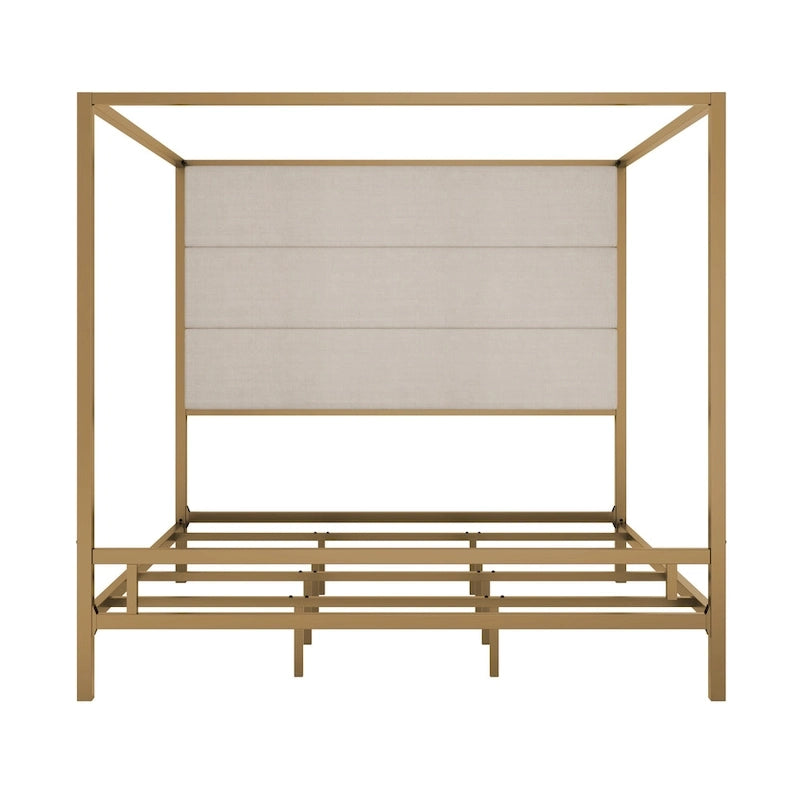 Letto a Baldacchino Moderno con Testiera Imbottita Wingback e Struttura in Metallo a 4 Montanti, Rete a doghe Necessaria Letto a Basso Profilo