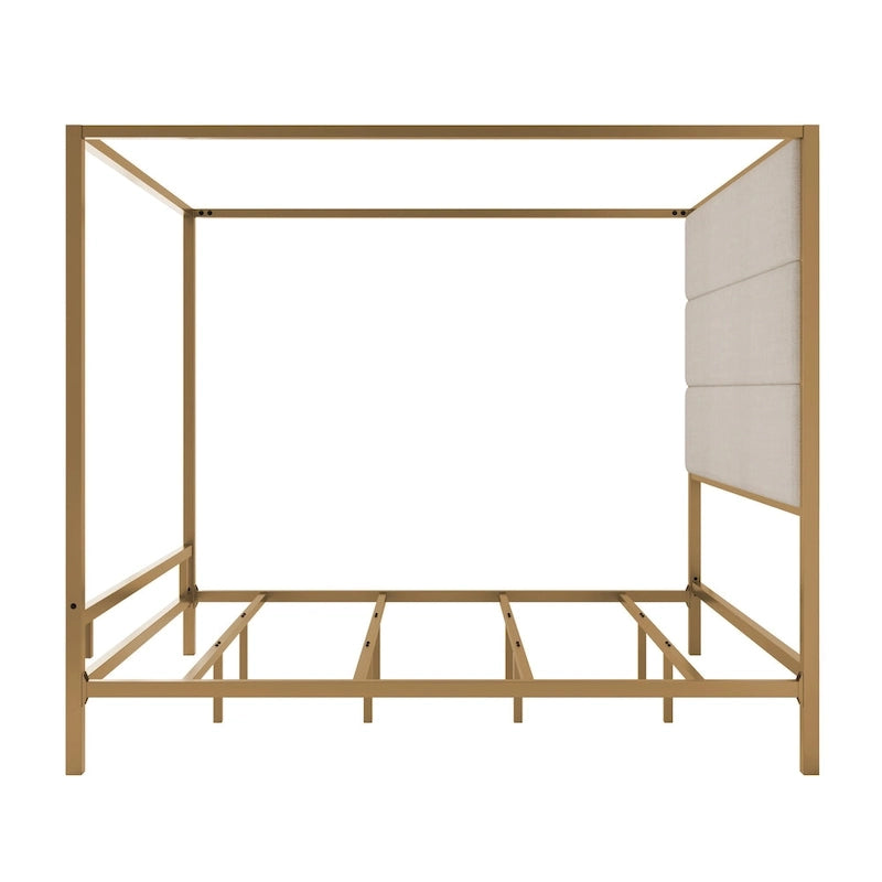 Letto a Baldacchino Moderno con Testiera Imbottita Wingback e Struttura in Metallo a 4 Montanti, Rete a doghe Necessaria Letto a Basso Profilo