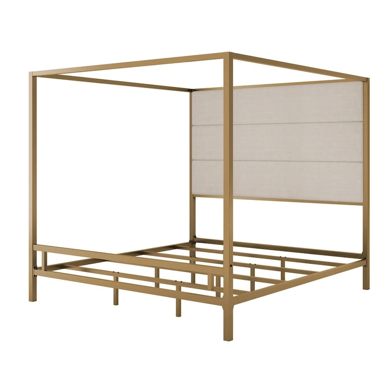Letto a Baldacchino Moderno con Testiera Imbottita Wingback e Struttura in Metallo a 4 Montanti, Rete a doghe Necessaria Letto a Basso Profilo