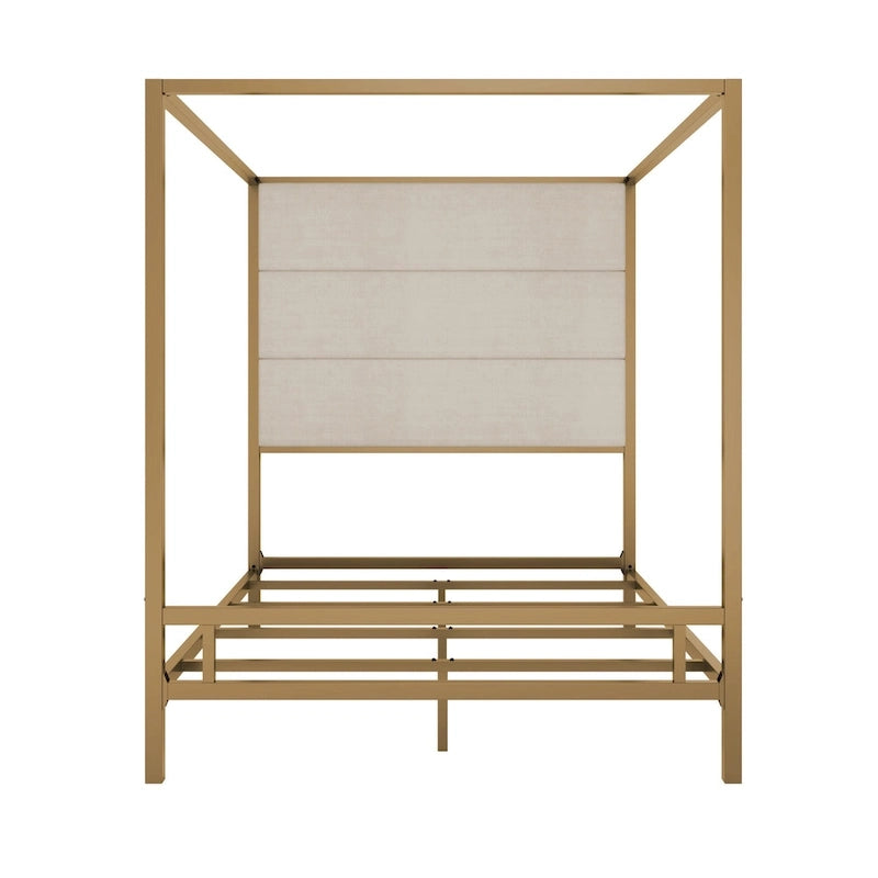 Letto a Baldacchino Moderno con Testiera Imbottita Wingback e Struttura in Metallo a 4 Montanti, Rete a doghe Necessaria Letto a Basso Profilo