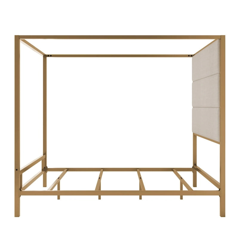 Letto a Baldacchino Moderno con Testiera Imbottita Wingback e Struttura in Metallo a 4 Montanti, Rete a doghe Necessaria Letto a Basso Profilo