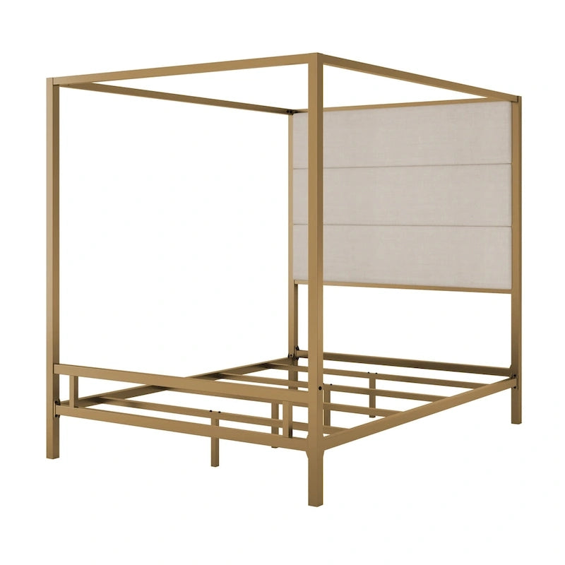 Letto a Baldacchino Moderno con Testiera Imbottita Wingback e Struttura in Metallo a 4 Montanti, Rete a doghe Necessaria Letto a Basso Profilo