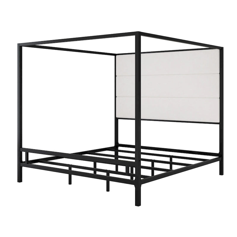 Letto a Baldacchino Moderno con Testiera Imbottita Wingback e Struttura in Metallo a 4 Montanti, Rete a doghe Necessaria Letto a Basso Profilo