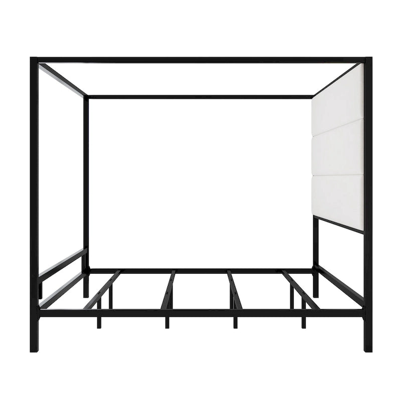 Letto a Baldacchino Moderno con Testiera Imbottita Wingback e Struttura in Metallo a 4 Montanti, Rete a doghe Necessaria Letto a Basso Profilo