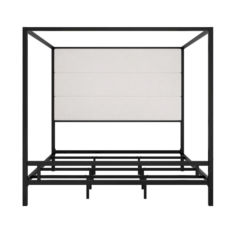 Letto a Baldacchino Moderno con Testiera Imbottita Wingback e Struttura in Metallo a 4 Montanti, Rete a doghe Necessaria Letto a Basso Profilo