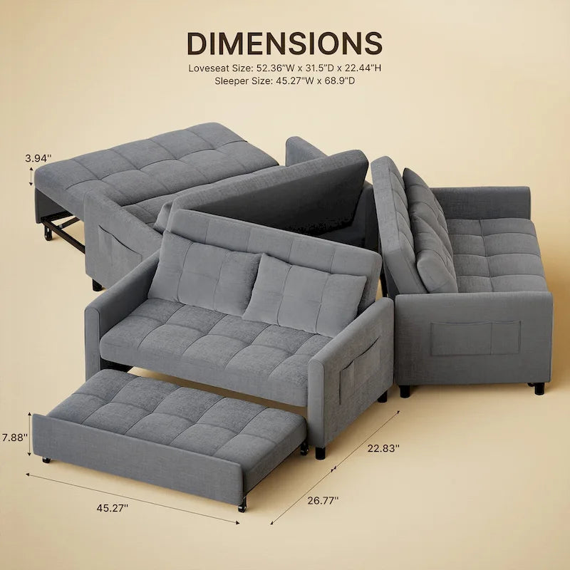 Divanetto trasformabile 3 in 1, divano letto futon con letto estraibile e schienale regolabile