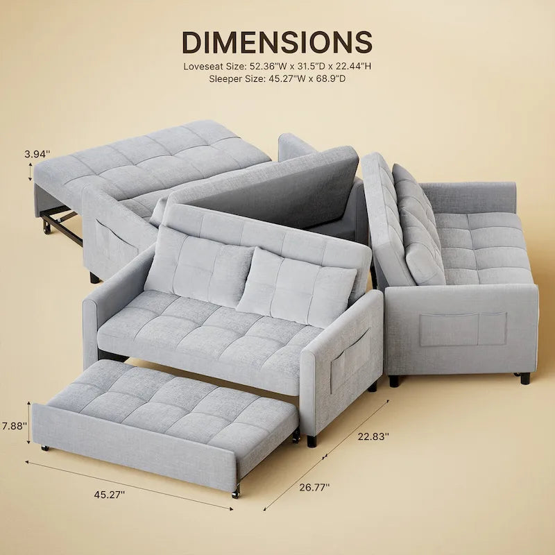 Divanetto trasformabile 3 in 1, divano letto futon con letto estraibile e schienale regolabile