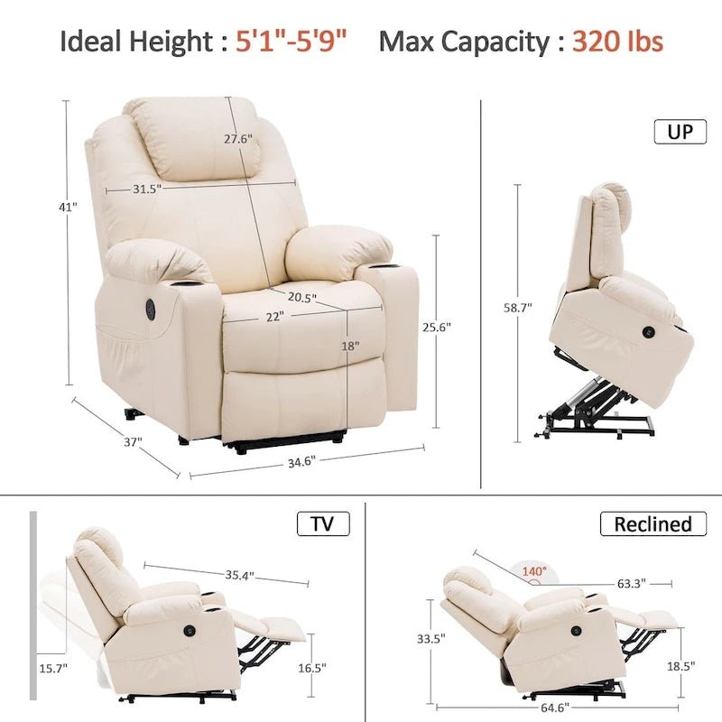 MCombo Poltrona Reclinabile Elettrica Alzapersona con Massaggio e Riscaldamento, 3 Posizioni, Porte USB, Similpelle 7040