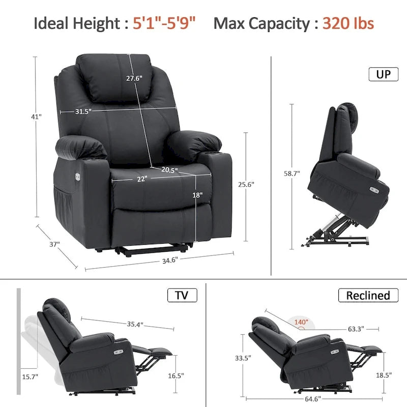 MCombo Poltrona Reclinabile Elettrica Alzapersona con Massaggio e Riscaldamento, 3 Posizioni, Porte USB, Similpelle 7040