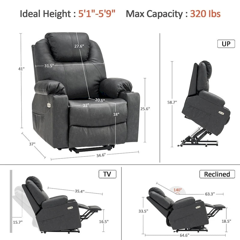 MCombo Poltrona Reclinabile Elettrica Alzapersona con Massaggio e Riscaldamento, 3 Posizioni, Porte USB, Similpelle 7040