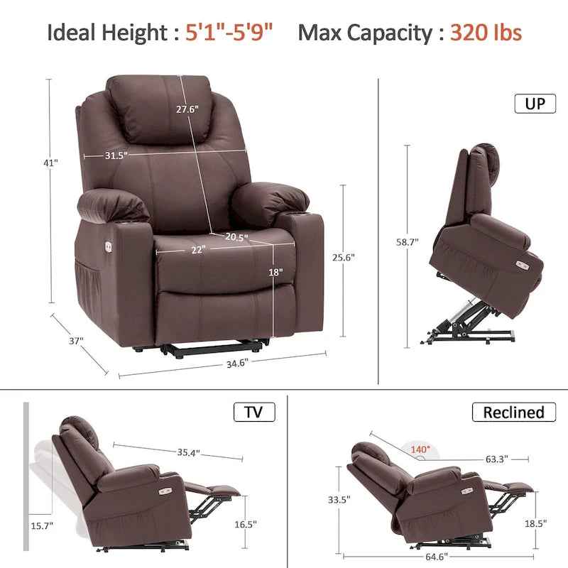 MCombo Poltrona Reclinabile Elettrica Alzapersona con Massaggio e Riscaldamento, 3 Posizioni, Porte USB, Similpelle 7040