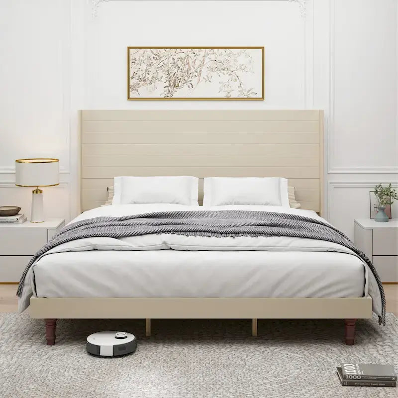 Letto King Size con Piattaforma Elegante Testiera Alta Comodo Design a Schienale Alto