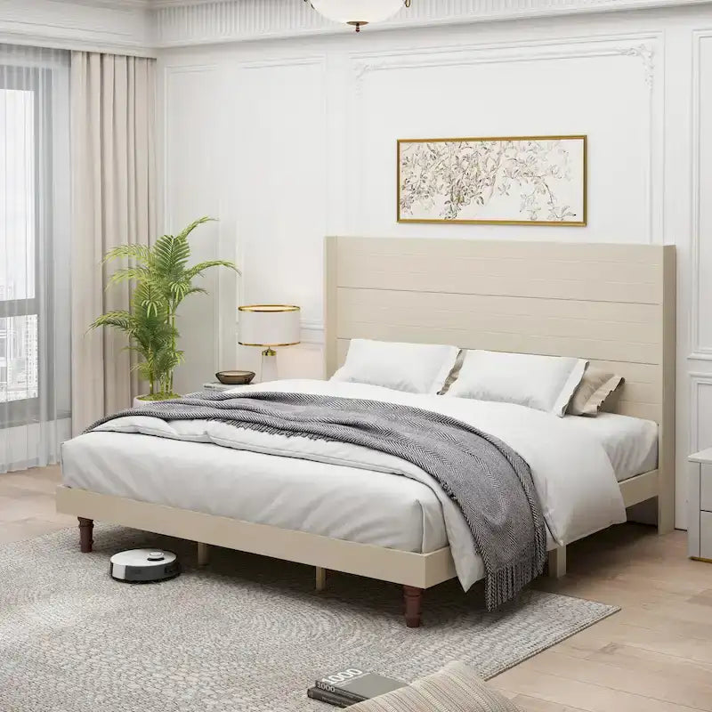 Letto King Size con Piattaforma Elegante Testiera Alta Comodo Design a Schienale Alto