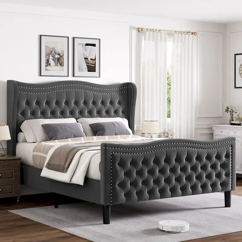 Letto a piattaforma moderno King Size in velluto con testiera imbottita