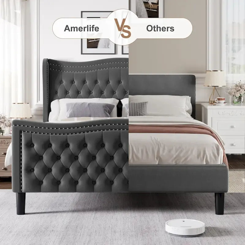 Letto a piattaforma moderno King Size in velluto con testiera imbottita