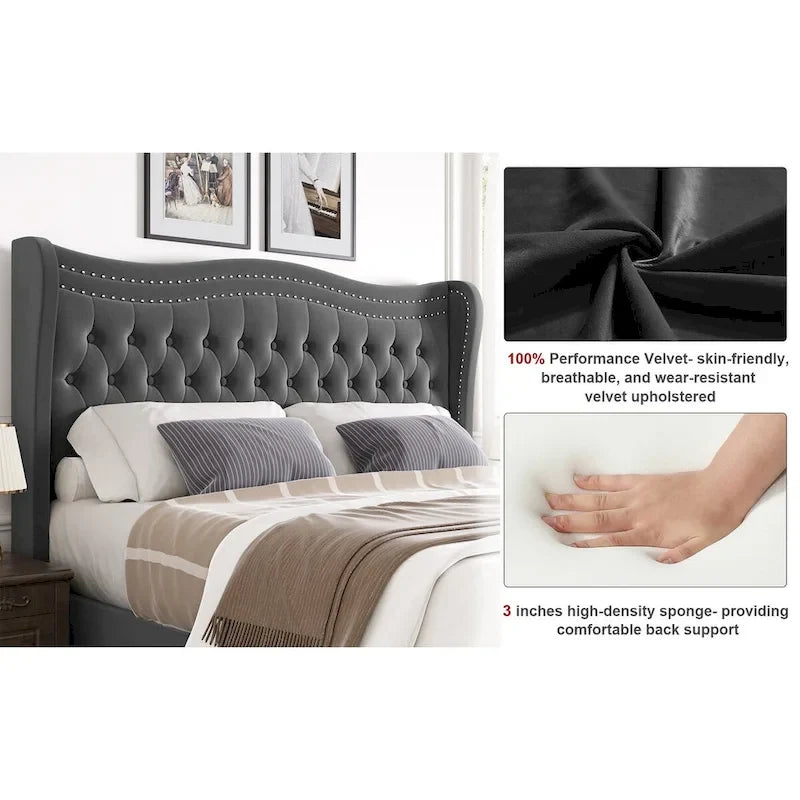 Letto a piattaforma moderno King Size in velluto con testiera imbottita
