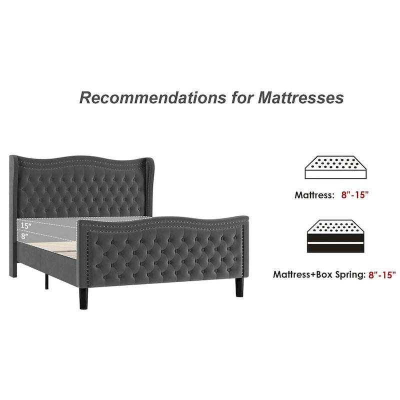 Letto a piattaforma moderno King Size in velluto con testiera imbottita