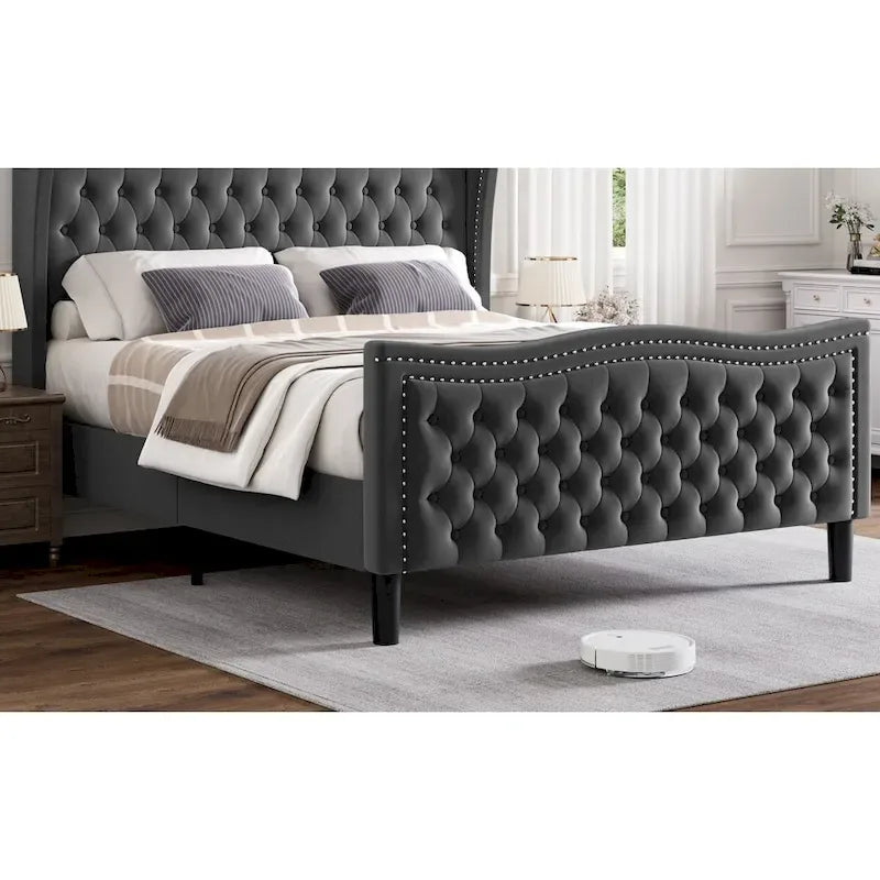 Letto a piattaforma moderno King Size in velluto con testiera imbottita