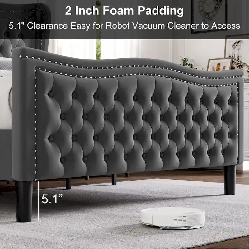 Letto a piattaforma moderno King Size in velluto con testiera imbottita