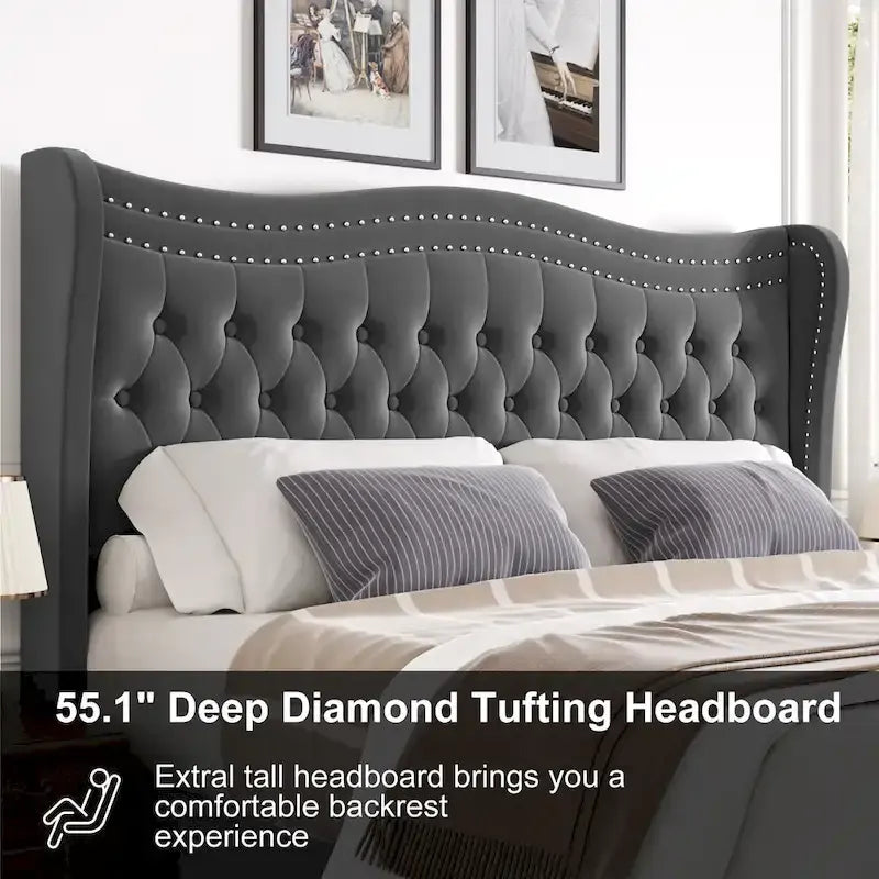 Letto a piattaforma moderno King Size in velluto con testiera imbottita